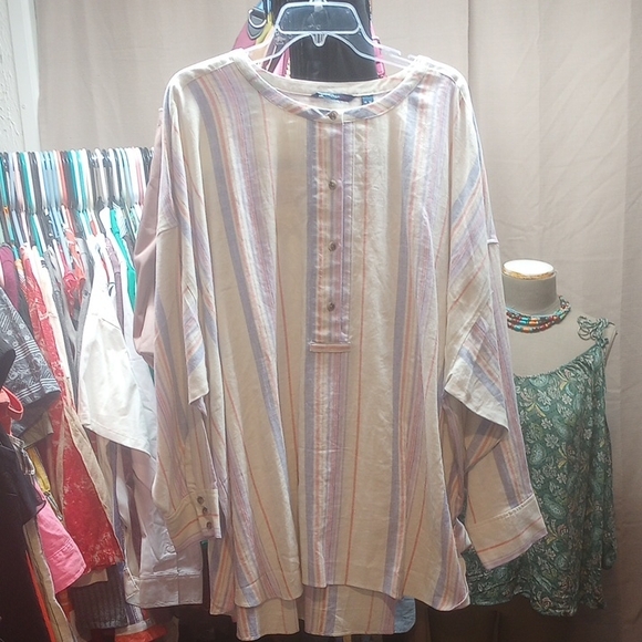 Isaac Mizrahi Live , Beige and Pastel Striped Blouse, Nwot - Picture 1 of 5